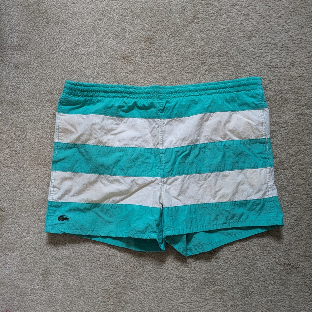 Vtg Lacoste Teal Green and White Striped Short Trunks
